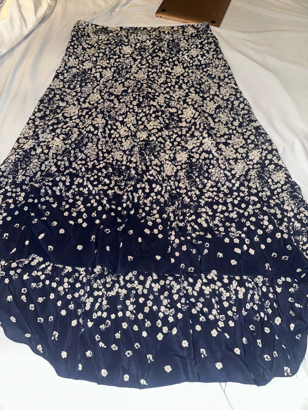 Nanette Lepore silk a line skirt navy white midi hi lo size 12